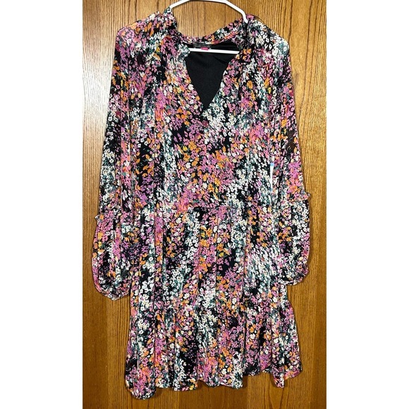 NET Vince Camuto chiffon floral multicolor black minidress - Picture 2 of 5